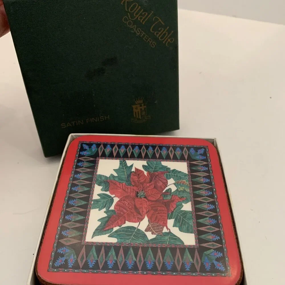 Royal Table Set of 6 Coasters Poinsettia Holiday Satin Finish Cork Backed 4